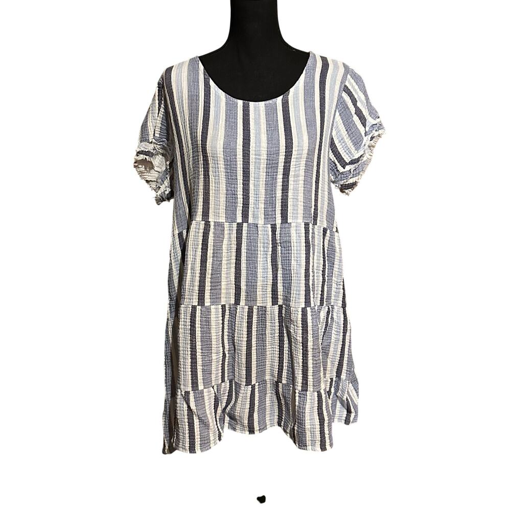 Nouveau Monde Blue White Vertical Striped Tiered Short Sleeve Dress Size XL